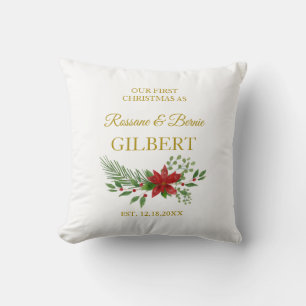 First Christmas As Quote With Poinsettias Design Cushion