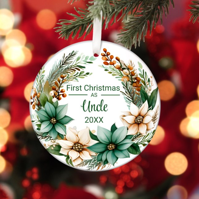 First Christmas as Uncle White Green Poinsettias Ceramic Tree Decoration (Creator Uploaded)