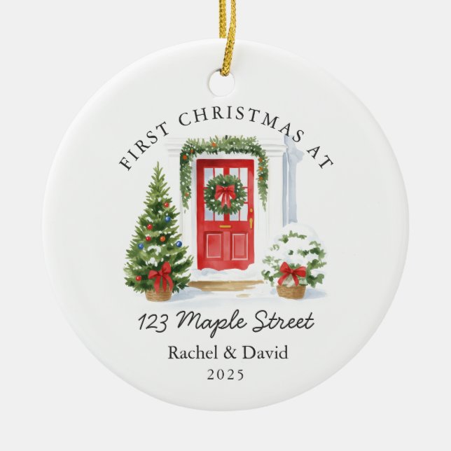 First Christmas at New Address – Red Door  Ceramic Tree Decoration (Front)