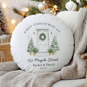 First Christmas at New Address – Red Door Round Cushion