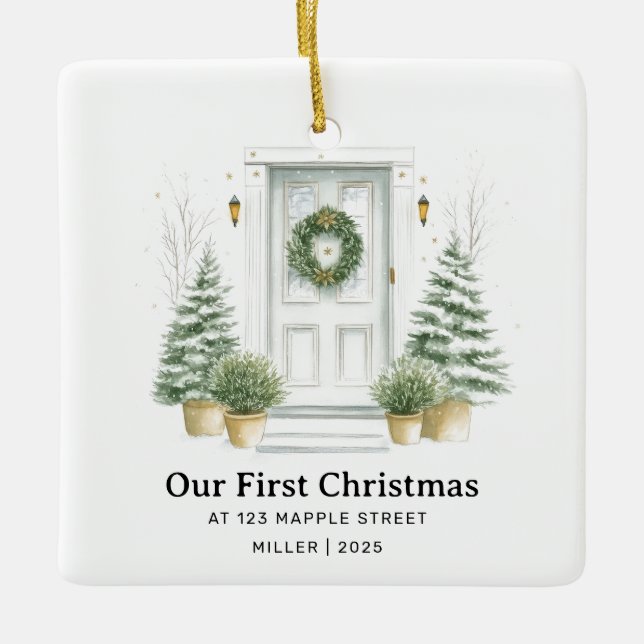 First Christmas at New Address – Sage Door Ceramic Ornament (Front)
