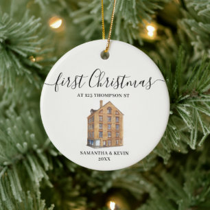 First Christmas at New Home Watercolor House Ceramic Tree Decoration