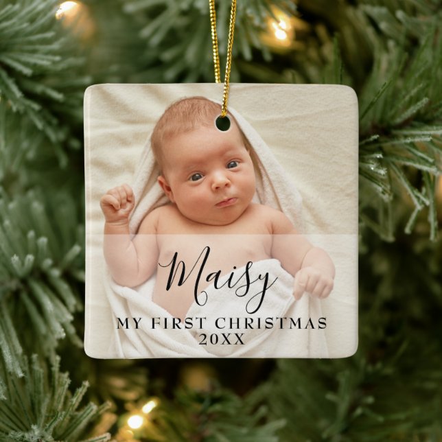 First Christmas Baby 2 Photo Script Name Ceramic Ornament (Tree)