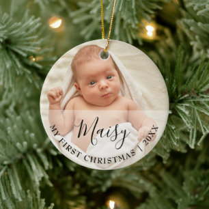 First Christmas Baby 2 Photo Script Name Ceramic Tree Decoration