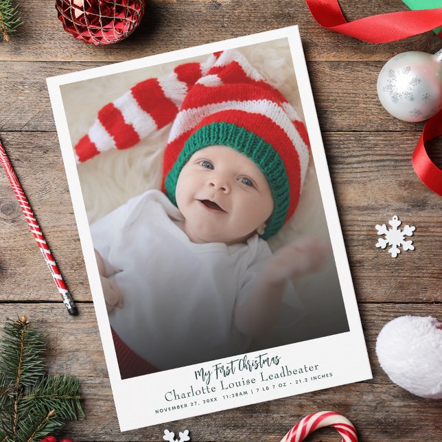 First Christmas Baby Birth Photo Modern Holiday Card (Baby First Christmas Script Greetings Card)