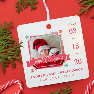 First Christmas Baby Birth Stats Photo Candy Cane Metal Tree Decoration