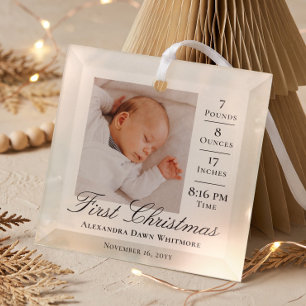 First Christmas Baby Birth Stats & Photo Keepsake Glass Tree Decoration