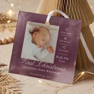 First Christmas Baby Birth Stats & Photo Keepsake Glass Tree Decoration