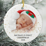 First Christmas Baby Boy Photo Ceramic Ornament<br><div class="desc">This cute Christmas Ornament is decorated with gold stars on a white background.
Easily customisable with baby's name,  year and photo.
Please note that the small white stars are not included in the design.</div>