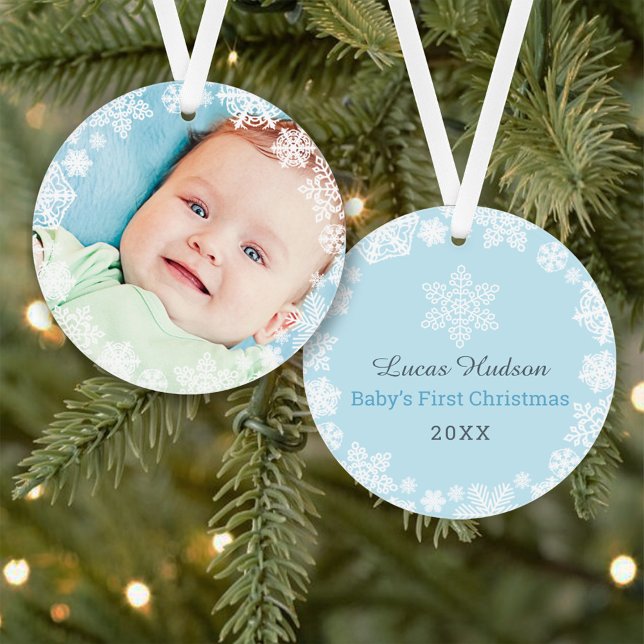 First Christmas Baby Boy Snowflake Frame Photo Ornament (Creator Uploaded)