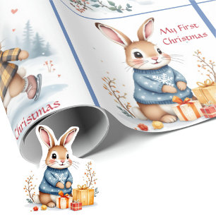 First Christmas Baby Boy's Name Winter Bunnies Wrapping Paper