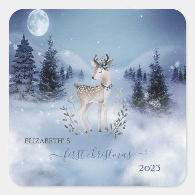 First Christmas,Baby Deer,Winter Landscape  Square Sticker (Front)