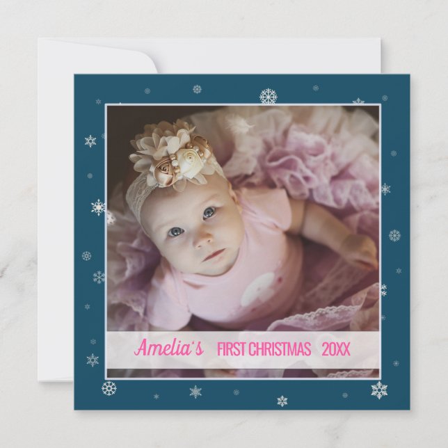 First Christmas baby girl blue snowflakes photo Card (Front)