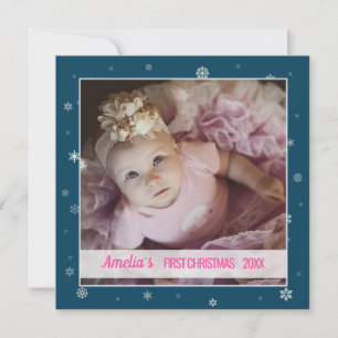 First Christmas baby girl blue snowflakes photo Card