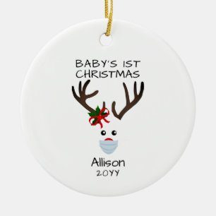 First Christmas Baby Girl Reindeer Personalised Ceramic Tree Decoration
