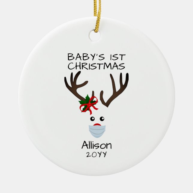 First Christmas Baby Girl Reindeer Personalised Ceramic Tree Decoration (Front)