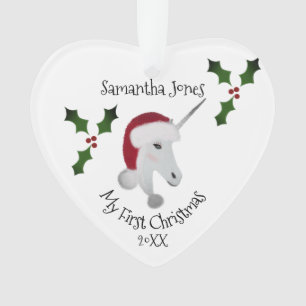 First Christmas Baby Girl Uniçorn Heart Customized Ornament