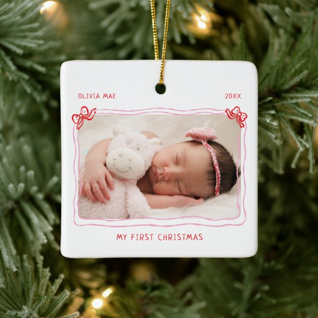 First Christmas Baby Hand Drawn Bow Frame Ceramic Ornament (Tree)