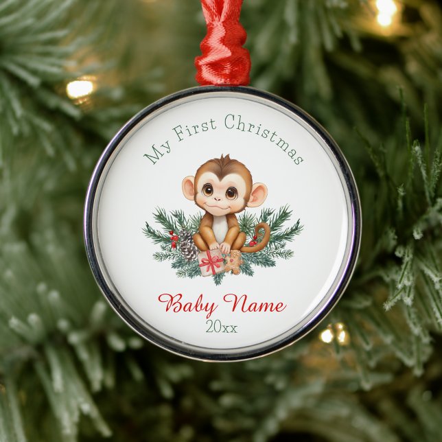 First Christmas Baby Monkey Custom Name Keepsake Metal Tree Decoration (Creator Uploaded)