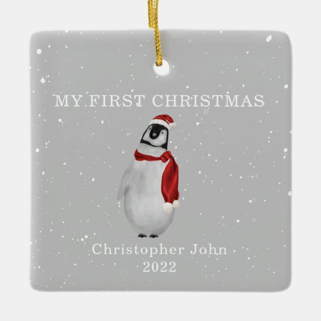 First Christmas Baby Penguin Grey Snow Ceramic Ornament (Front)