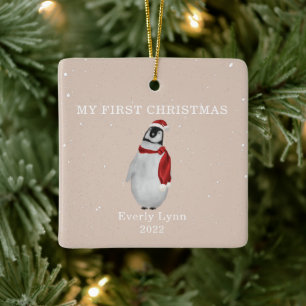First Christmas Baby Penguin Pink Snow Ceramic Ornament
