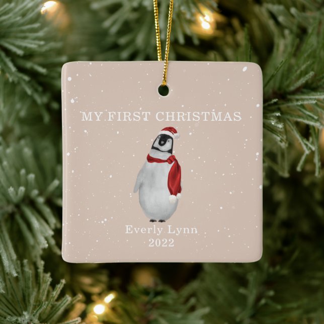 First Christmas Baby Penguin Pink Snow Ceramic Ornament (Tree)