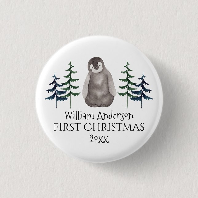 First Christmas Baby Penguin & Tree Personalised 3 Cm Round Badge (Front)