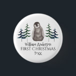 First Christmas Baby Penguin & Tree Personalised 3 Cm Round Badge<br><div class="desc">Cute watercolor baby penguin and Christmas tree -first Christmas- customisable name buttons.
Merry Christmas!</div>