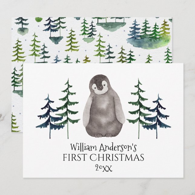 First Christmas Baby Penguin & Tree Personalised  Holiday Card (Front/Back)