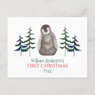 First Christmas Baby Penguin & Tree Personalised   Holiday Postcard