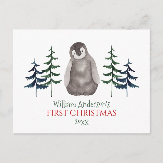 First Christmas Baby Penguin & Tree Personalised   Holiday Postcard (Front)