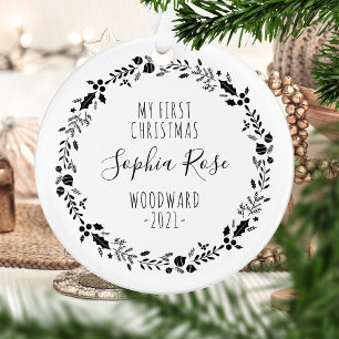 First Christmas Baby Photo Black White Ornament