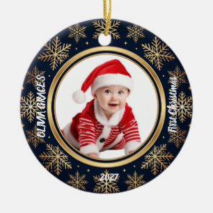 First Christmas Baby Photo Deer Birth Details Ceramic Tree Decoration