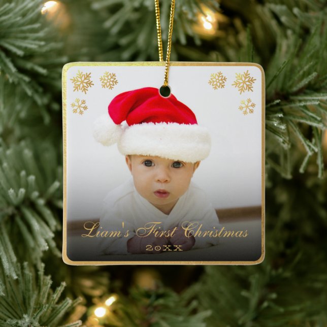 First Christmas Baby Photo Elegant Faux Gold Foil Ceramic Ornament (Tree)