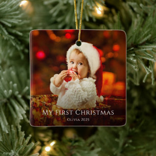 First Christmas Baby Photo Festive Santa Hat Ceramic Ornament