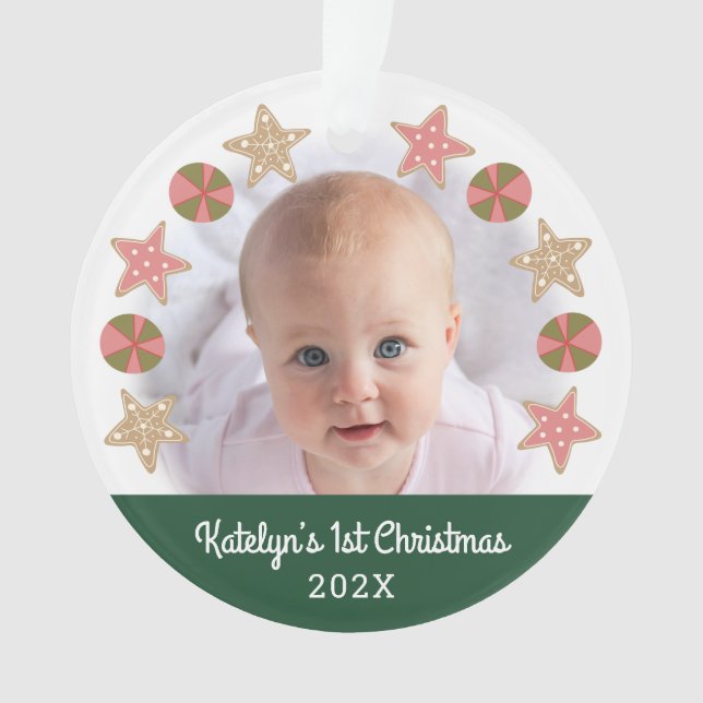 First Christmas Baby Photo Gingerbread Girl Green Ornament (Front)
