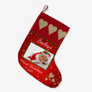 First Christmas Baby Photo Gold Heart Red Small Christmas Stocking