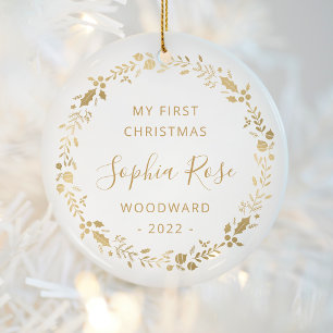 First Christmas Baby Photo Gold Wreath Ceramic Tree Decoration
