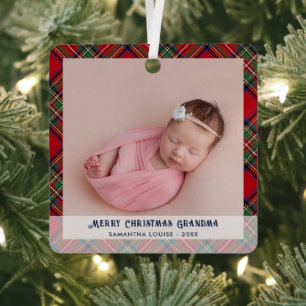 First Christmas Baby Photo Holiday Tartan Metal Tree Decoration