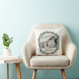First Christmas, Baby Photo, Name Cushion