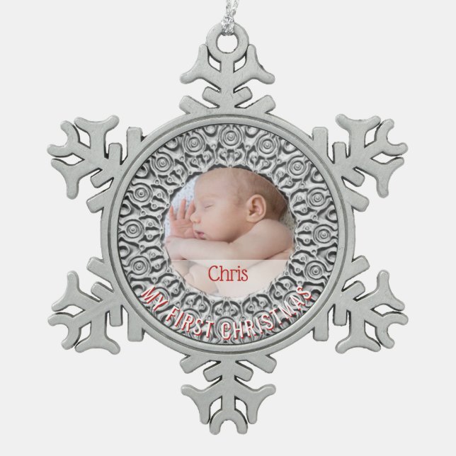 First Christmas Baby Photo Name Elegant Silver Red Snowflake Pewter Christmas Ornament (Front)
