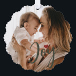 First Christmas baby photo name modern green Tree Decoration Card<br><div class="desc">Trendy modern dark red and green joy script and heart keepsake holiday tree ornament card with new baby's first Christmas together with mum,  dad,  and family.</div>