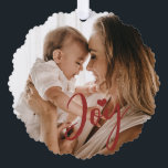 First Christmas baby photo name modern red Tree Decoration Card<br><div class="desc">Trendy modern dark red burgundy joy script and heart keepsake holiday tree ornament card with new baby's first Christmas together with mum,  dad,  and family.</div>