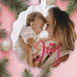 First Christmas baby photo name modern Tree Decoration Card<br><div class="desc">Trendy modern pink joy script and heart keepsake holiday tree ornament card with new baby's first Christmas together with mum,  dad,  and family.</div>