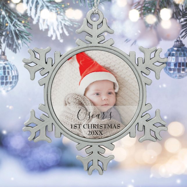 First Christmas Baby Photo Name Snowflake Pewter Christmas Ornament (First Christmas Baby Photo Name Snowflake Pewter Christmas Ornament)