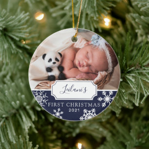 First Christmas Baby Photo Navy Blue Ceramic Tree Decoration