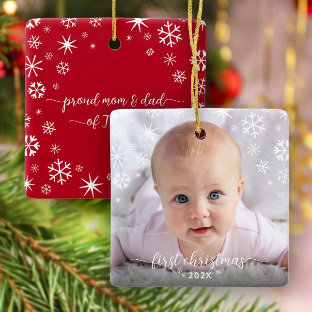 First Christmas Baby Photo New Parents Snowflakes Ceramic Ornament (Creator Uploaded)