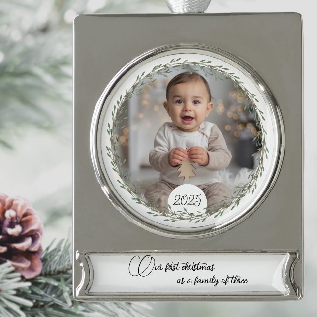 First Christmas baby photo pink and blue trees  Silver Plated Banner Ornament (Creator Uploaded)