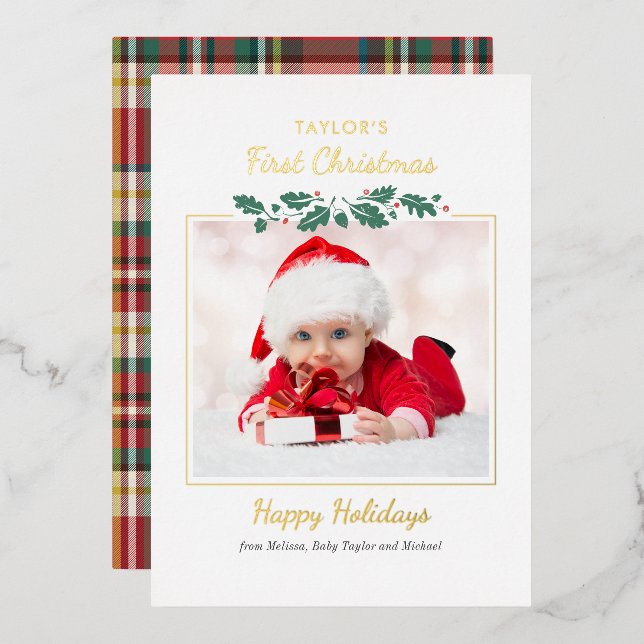 First Christmas Baby Photo Plaid Family Gold Foil Holiday Card (Front/Back)