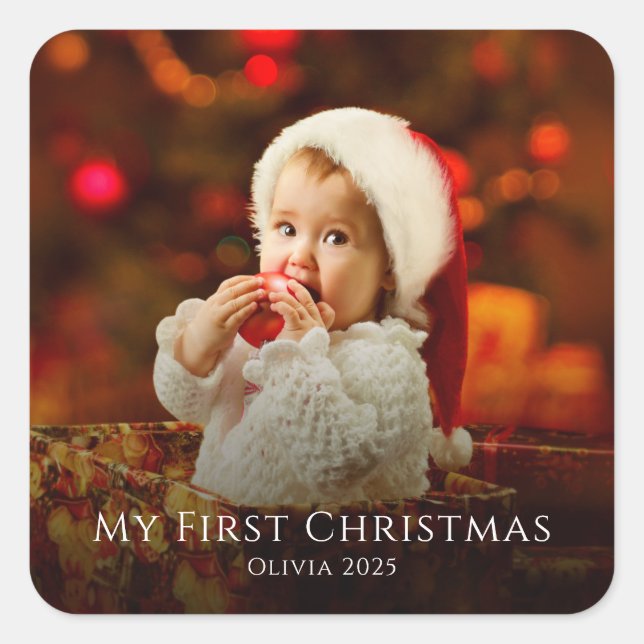 First Christmas Baby Photo Santa Hat Festive Square Sticker (Front)